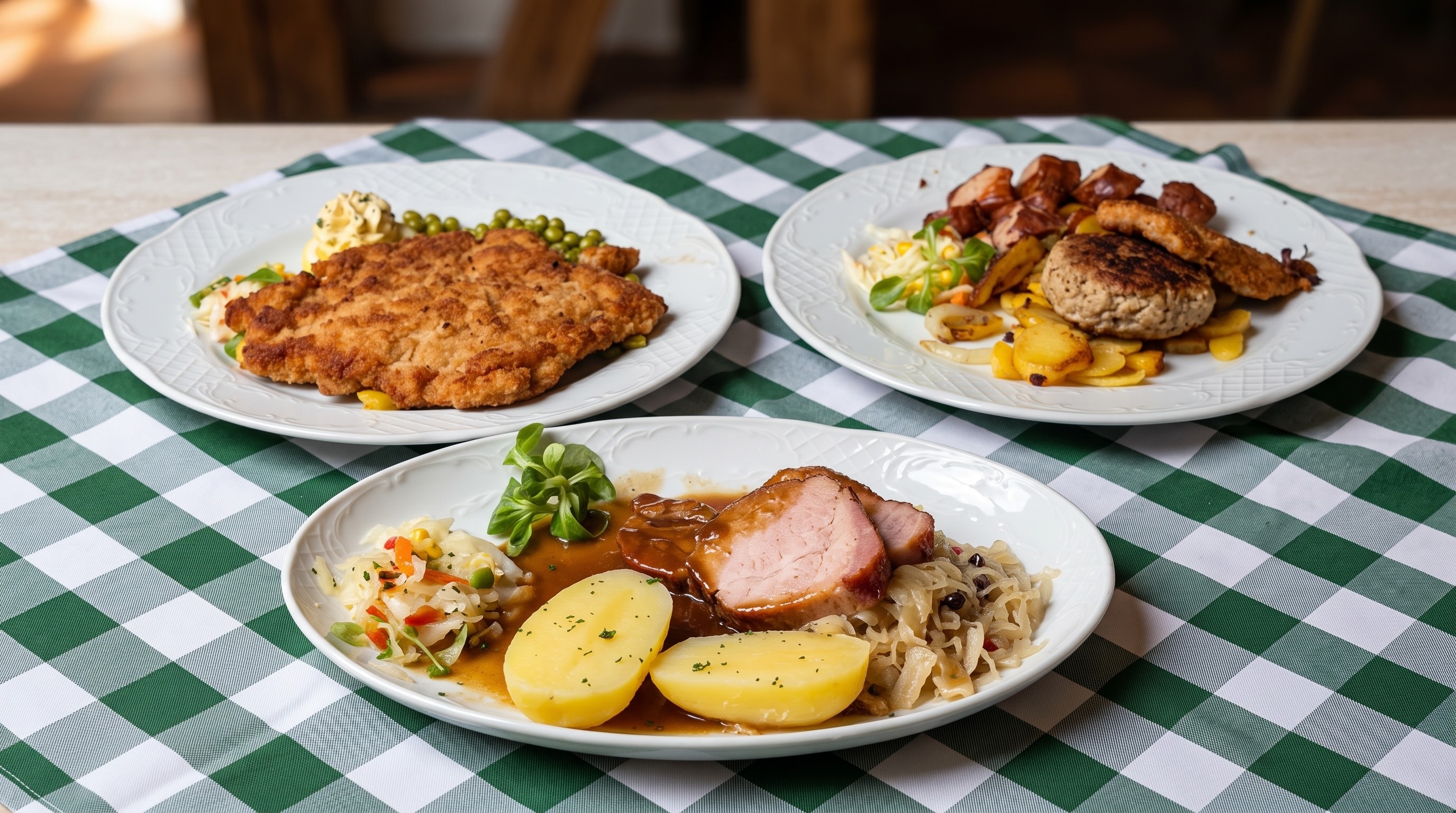 Drei Teller mit Schnitzel, Kasseler und Eisbein auf grün-weiß kariertem Tisch