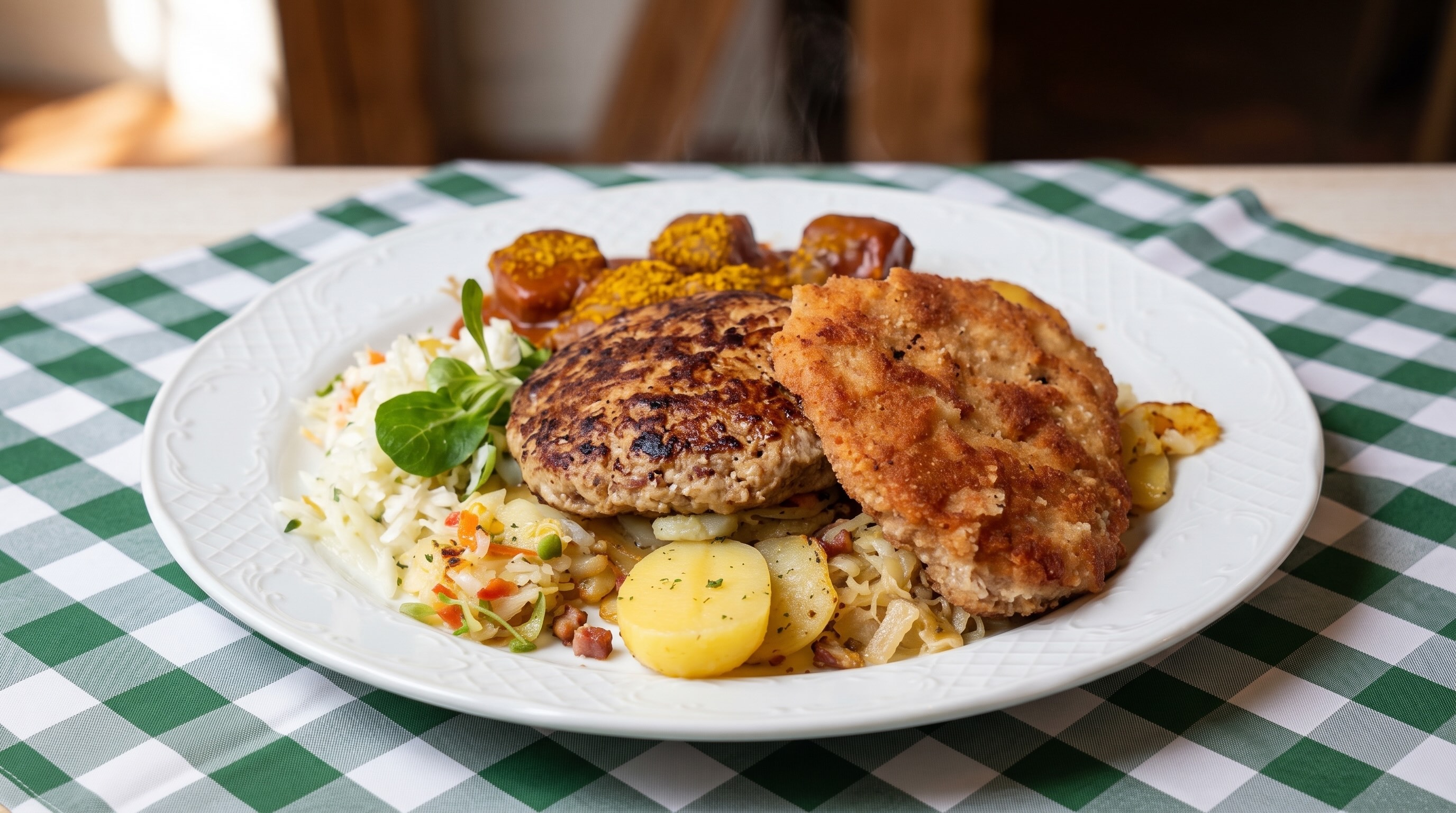 Deftiger Teller mit Bulette, Schnitzel und Bratkartoffeln